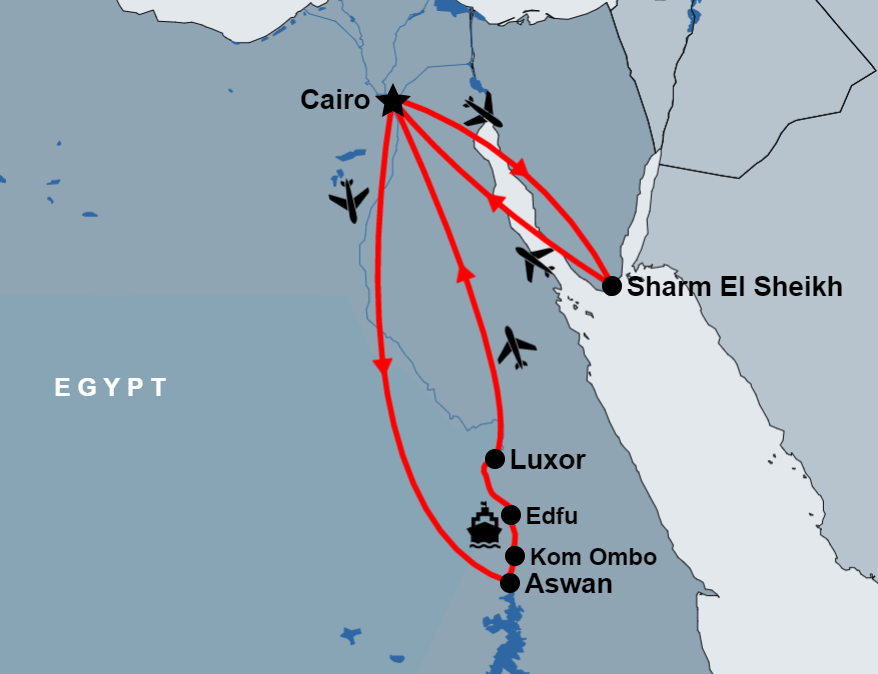 11 Days Cairo, Nile Cruise and Sharm El sheikh by Flight map 11 Days Cairo, Nile Cruise and Sharm El sheikh by Flight map